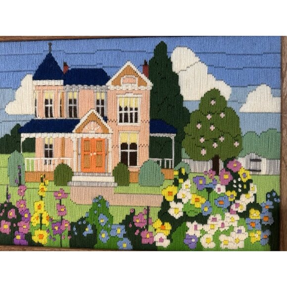 Very Vintage Embroidery 1987 Creative Circle *Spring Victorian House- Framed - Picture 1 of 8